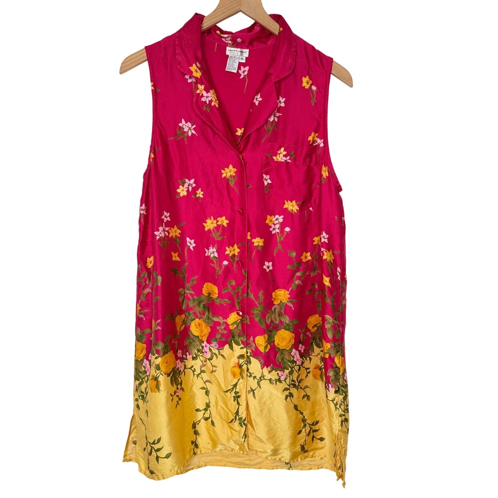 Vintage 90s Silk Floral Sleeveless Slip Dress Top M Pink Cottagecore Botanical